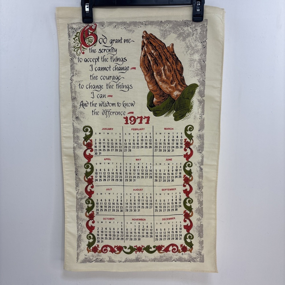 1977 Vtg Hanging Calendar Tea Towel Praying Hands Serenity Prayer God Grant‎ Me
